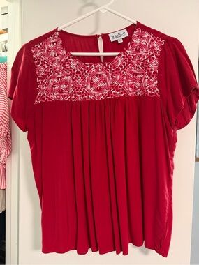 Wash & Co Red Embroidered Short-Sleeve Blouse